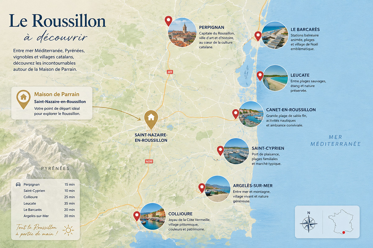 Carte illustrée du Roussillon localisant la Maison de Parrain, Canet-en-Roussillon, Saint-Cyprien, Perpignan, Argelès-sur-Mer, Collioure, Le Barcarès et Leucate avec les principaux sites à découvrir.