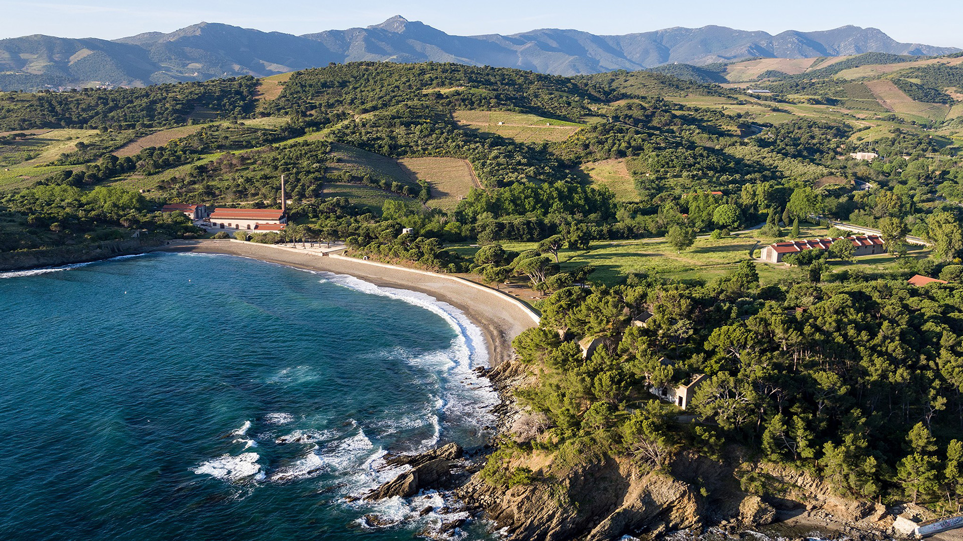 Vue aérienne de la plage de Paulilles entre mer, criques rocheuses, vignobles et montagnes de la Côte Vermeille.